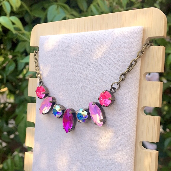 Hot Pink + Pink-Purple Opal Aurora Borealis Antique Brass Crystal Necklace - Picture 8 of 8